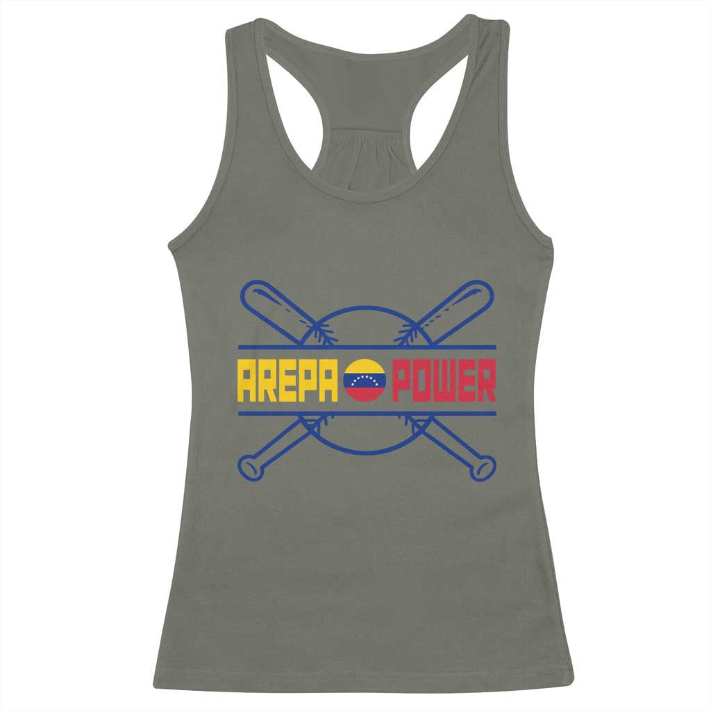 Arepa Power Baseball Crossed Bats Racerback Tank Top Funny Venezuelan Pride Gift for Latino Sports Fans