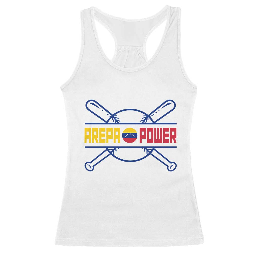 Arepa Power Baseball Crossed Bats Racerback Tank Top Funny Venezuelan Pride Gift for Latino Sports Fans