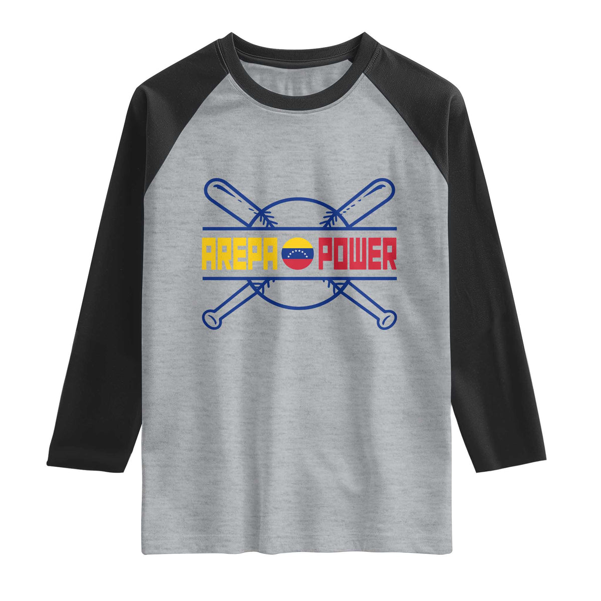Arepa Power Baseball Crossed Bats Raglan Shirt Funny Venezuelan Pride Gift for Latino Sports Fans