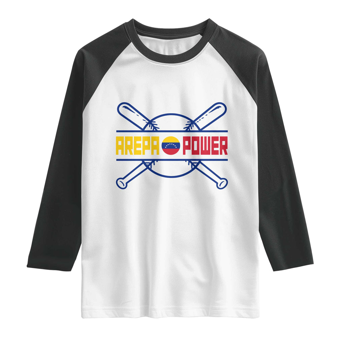 Arepa Power Baseball Crossed Bats Raglan Shirt Funny Venezuelan Pride Gift for Latino Sports Fans