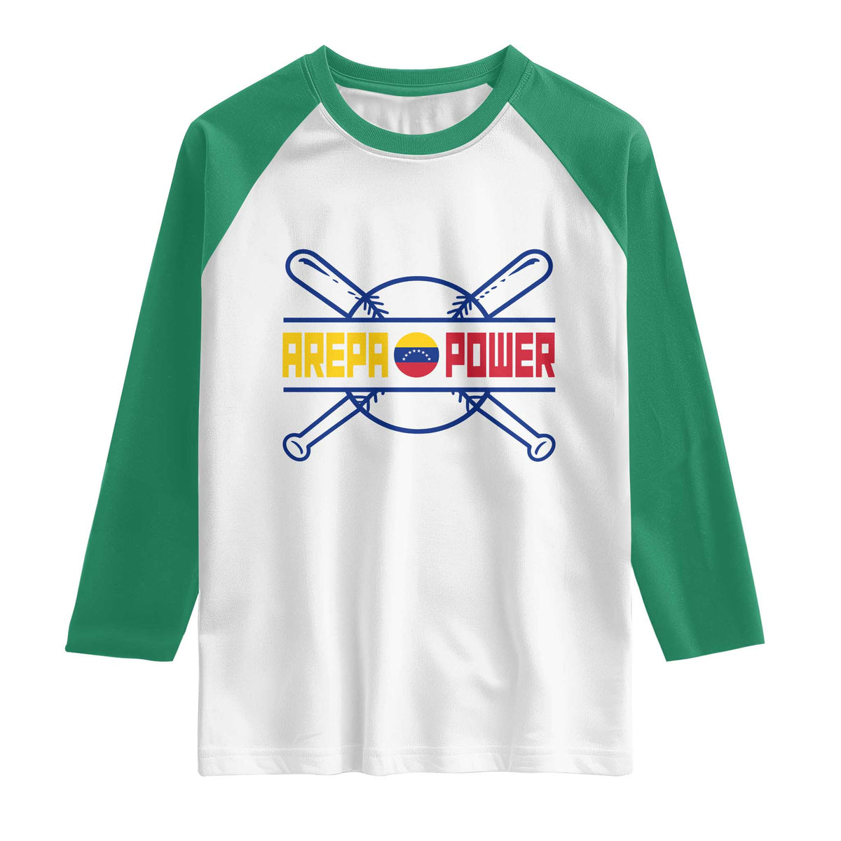 Arepa Power Baseball Crossed Bats Raglan Shirt Funny Venezuelan Pride Gift for Latino Sports Fans