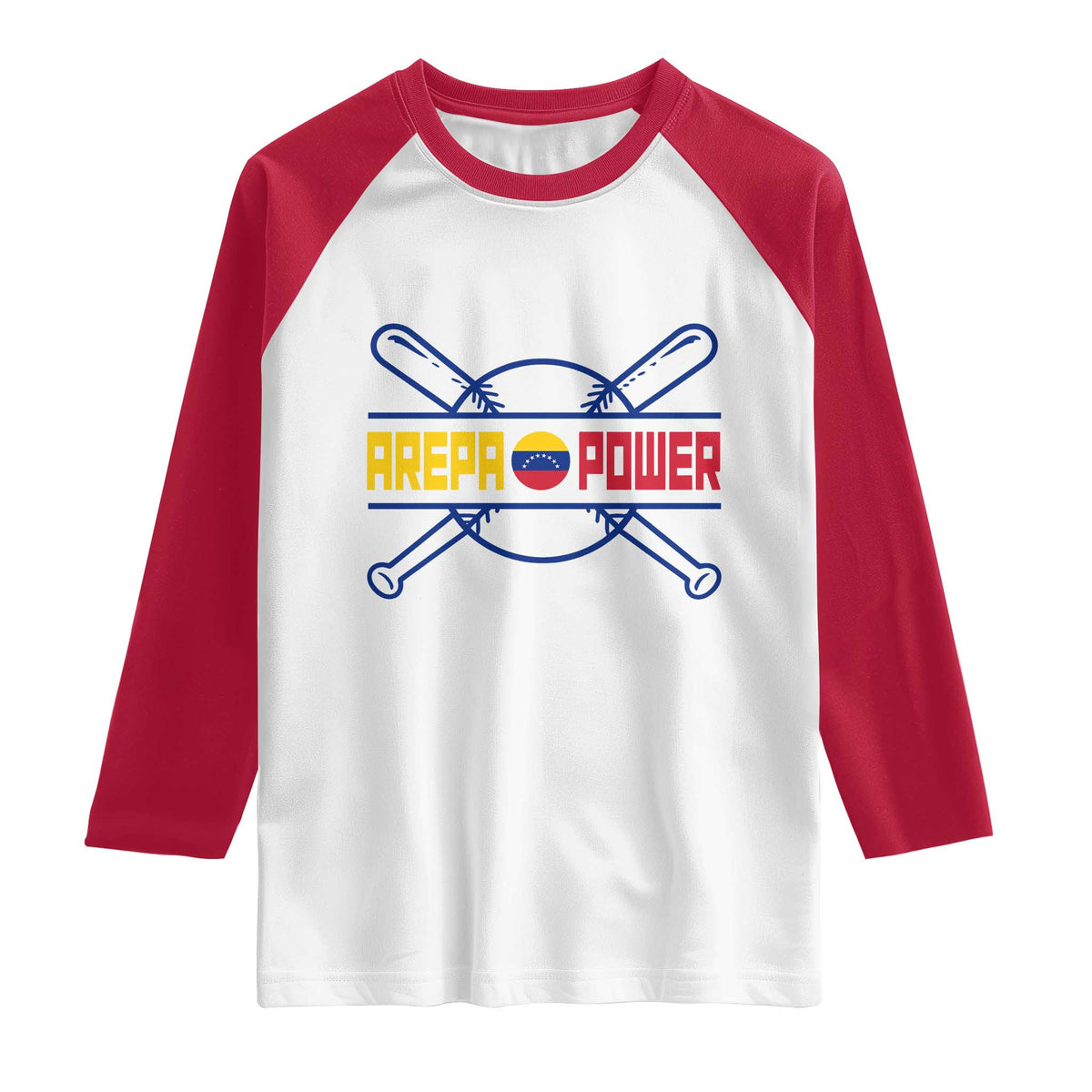 Arepa Power Baseball Crossed Bats Raglan Shirt Funny Venezuelan Pride Gift for Latino Sports Fans