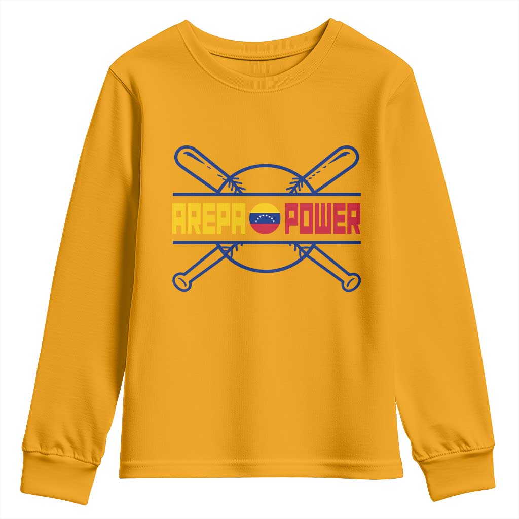 Arepa Power Baseball Crossed Bats Youth Sweatshirt Funny Venezuelan Pride Gift for Latino Sports Fans