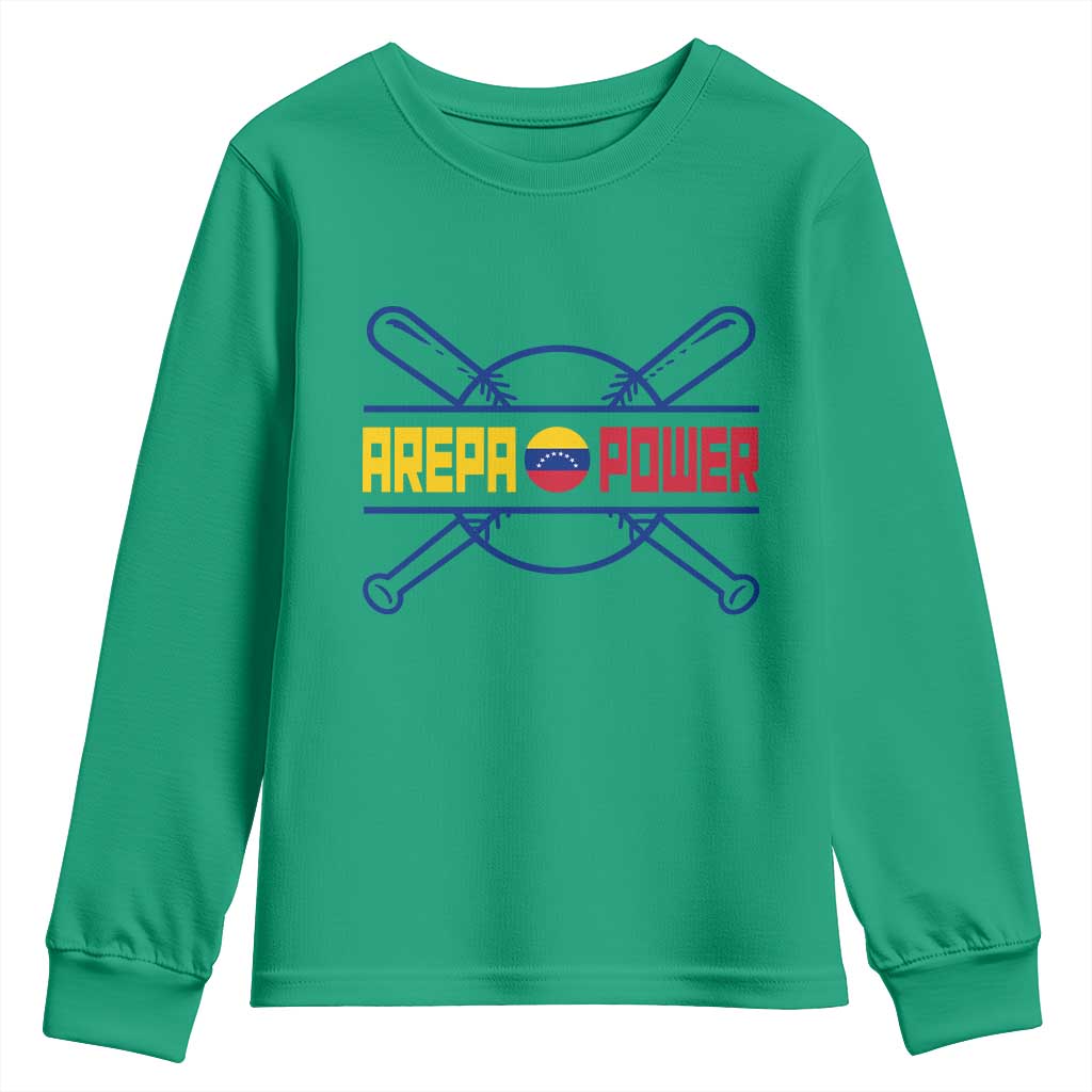 Arepa Power Baseball Crossed Bats Youth Sweatshirt Funny Venezuelan Pride Gift for Latino Sports Fans