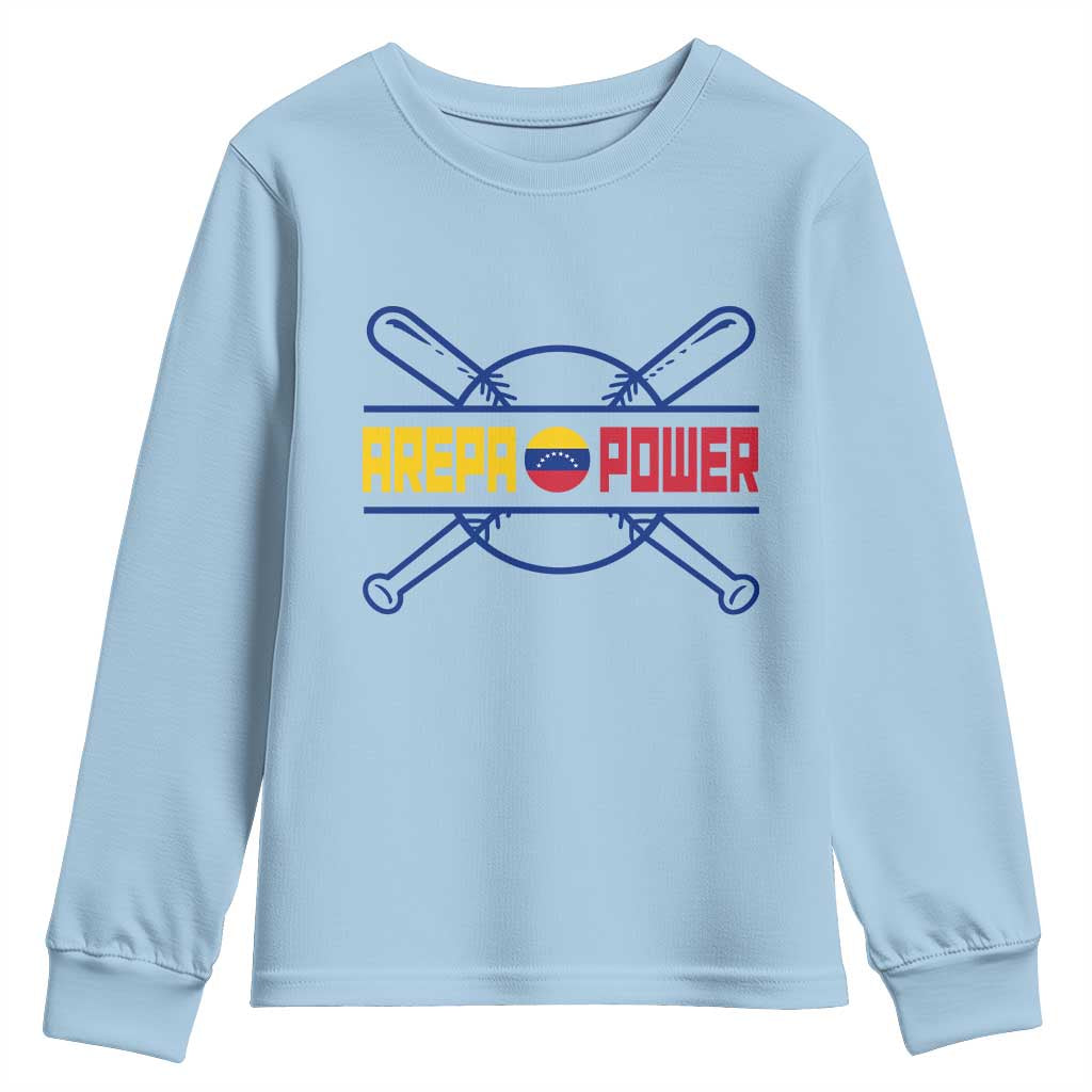 Arepa Power Baseball Crossed Bats Youth Sweatshirt Funny Venezuelan Pride Gift for Latino Sports Fans