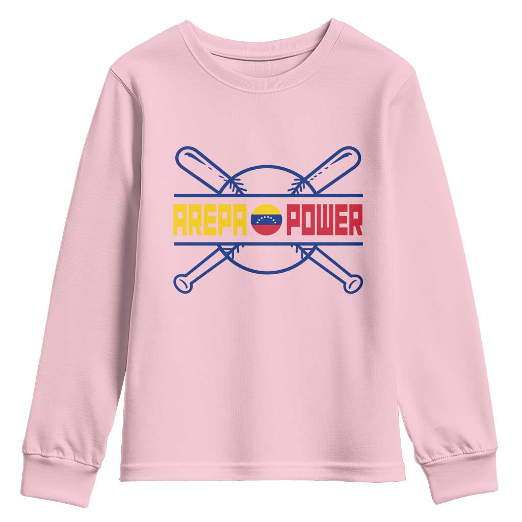 Arepa Power Baseball Crossed Bats Youth Sweatshirt Funny Venezuelan Pride Gift for Latino Sports Fans