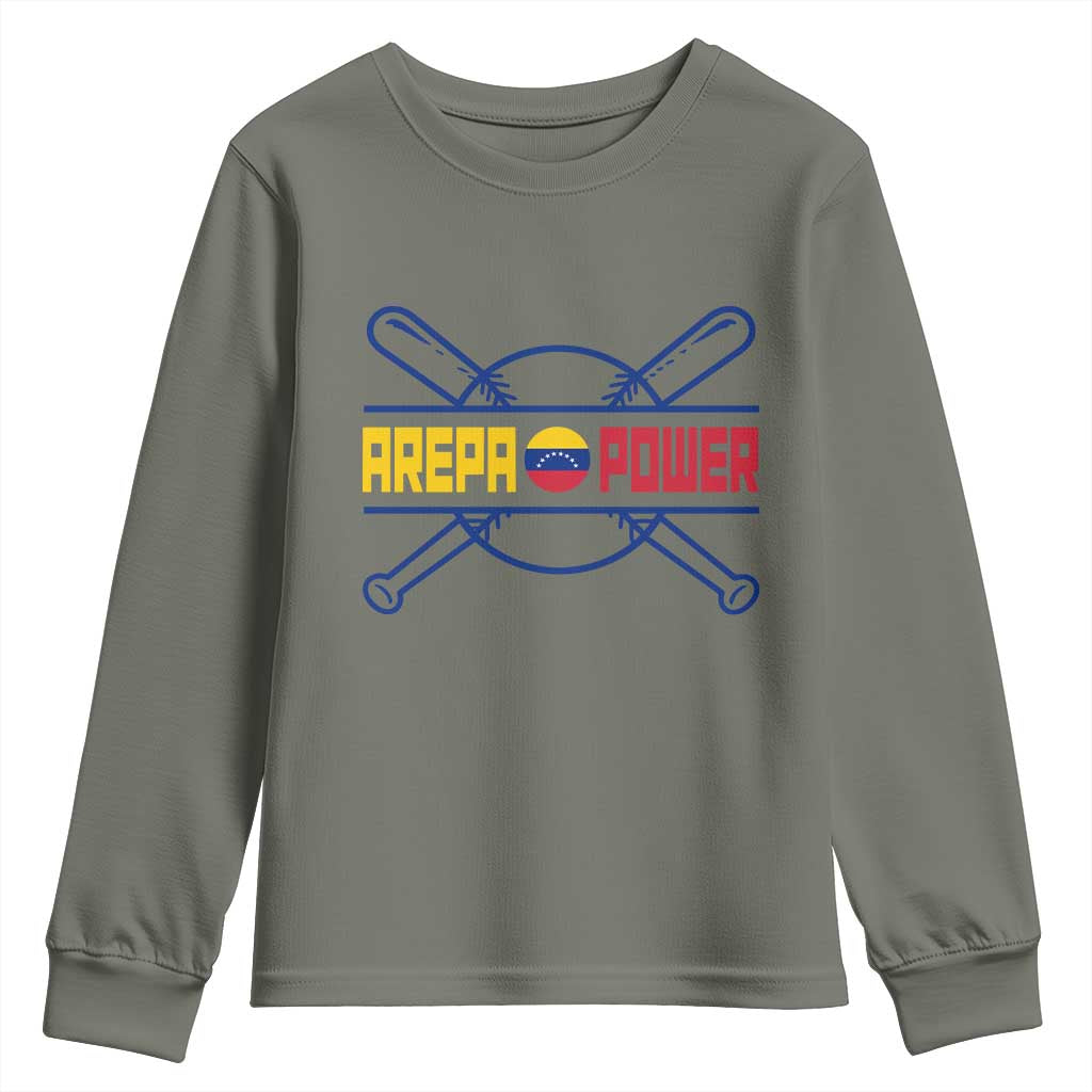 Arepa Power Baseball Crossed Bats Youth Sweatshirt Funny Venezuelan Pride Gift for Latino Sports Fans