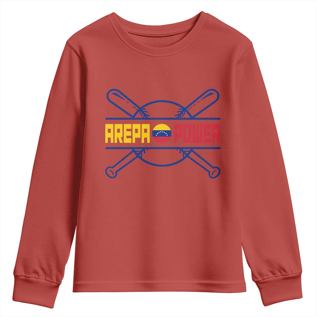 Arepa Power Baseball Crossed Bats Youth Sweatshirt Funny Venezuelan Pride Gift for Latino Sports Fans