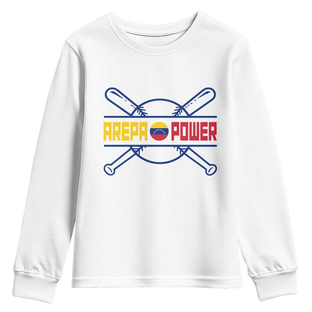 Arepa Power Baseball Crossed Bats Youth Sweatshirt Funny Venezuelan Pride Gift for Latino Sports Fans