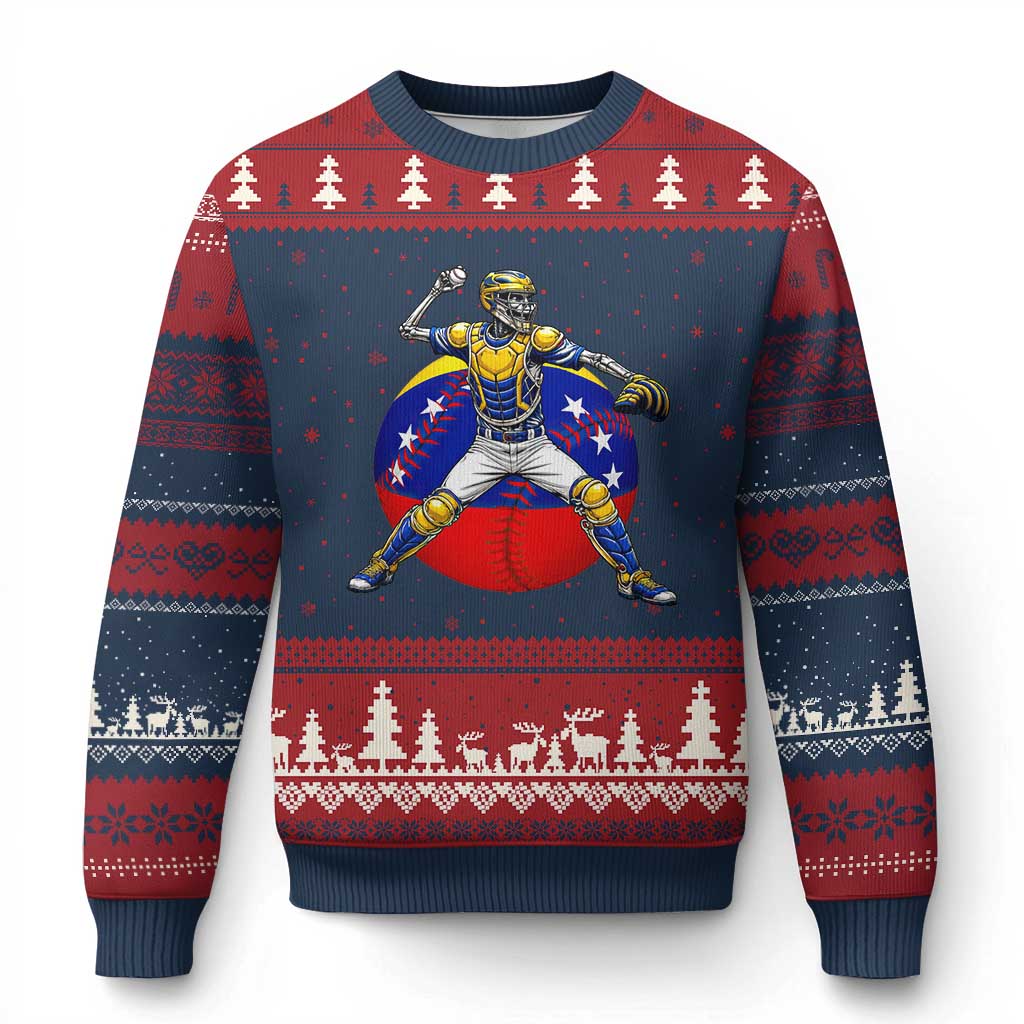 Venezuela Baseball Pitcher Skeleton Ugly Christmas Sweater Venezuelan Flag Venezuela Pride Sports Fans