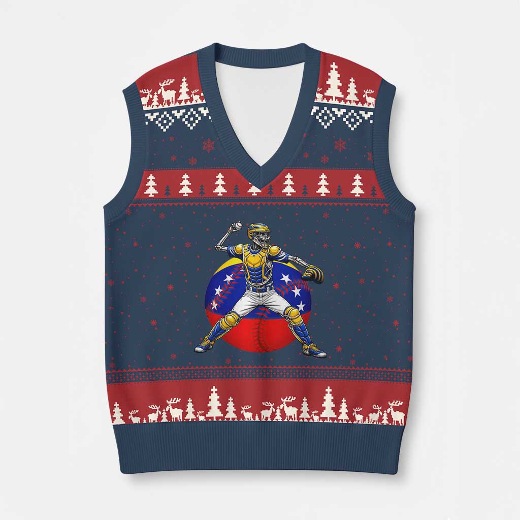 Venezuela Baseball Pitcher Skeleton V-Neck Knit Sweater Vest Venezuelan Flag Venezuela Pride Sports Fans