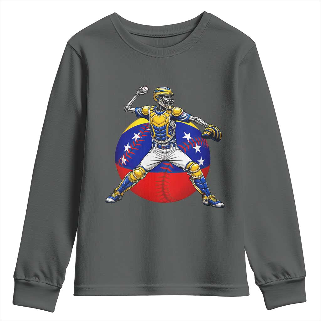 Venezuela Baseball Pitcher Skeleton Youth Sweatshirt Venezuelan Flag Venezuela Pride Sports Fans