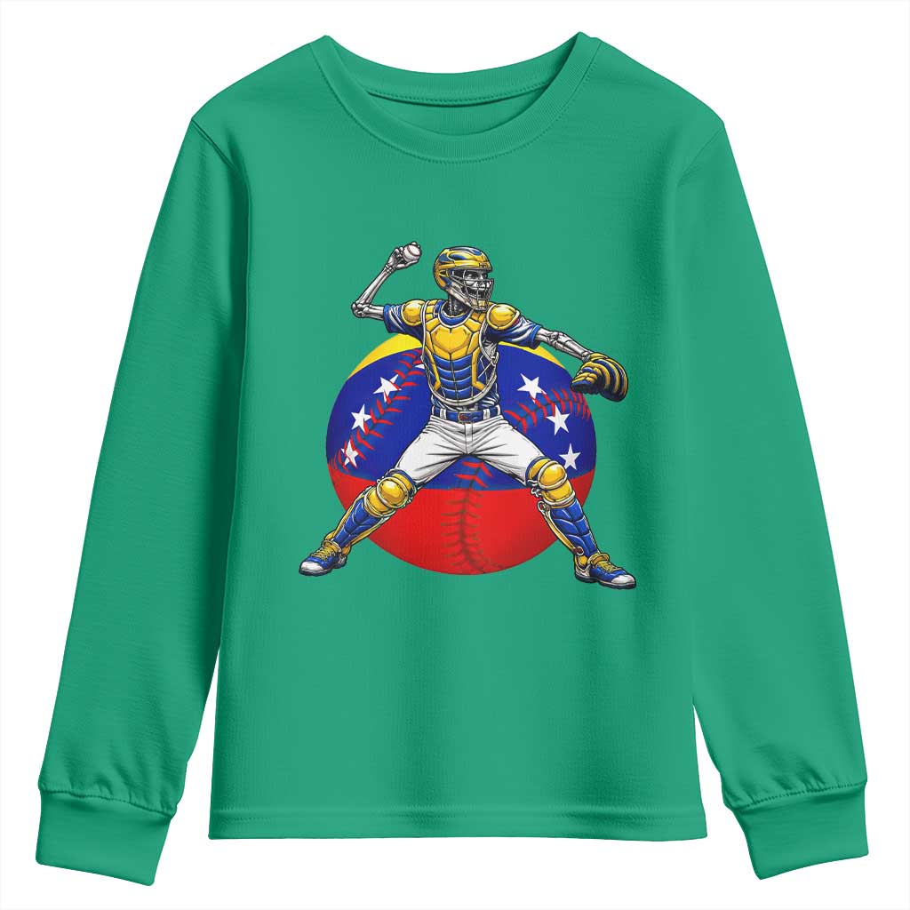Venezuela Baseball Pitcher Skeleton Youth Sweatshirt Venezuelan Flag Venezuela Pride Sports Fans