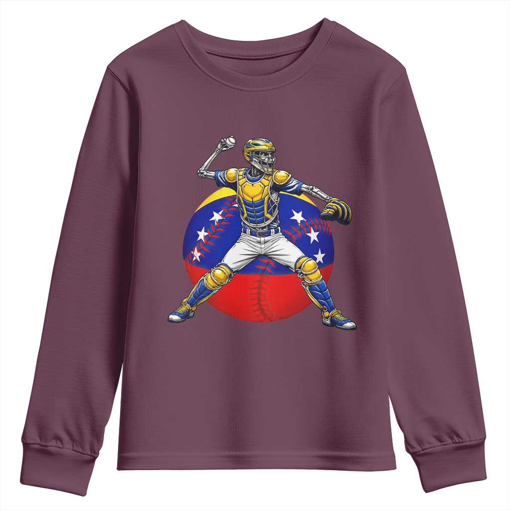 Venezuela Baseball Pitcher Skeleton Youth Sweatshirt Venezuelan Flag Venezuela Pride Sports Fans