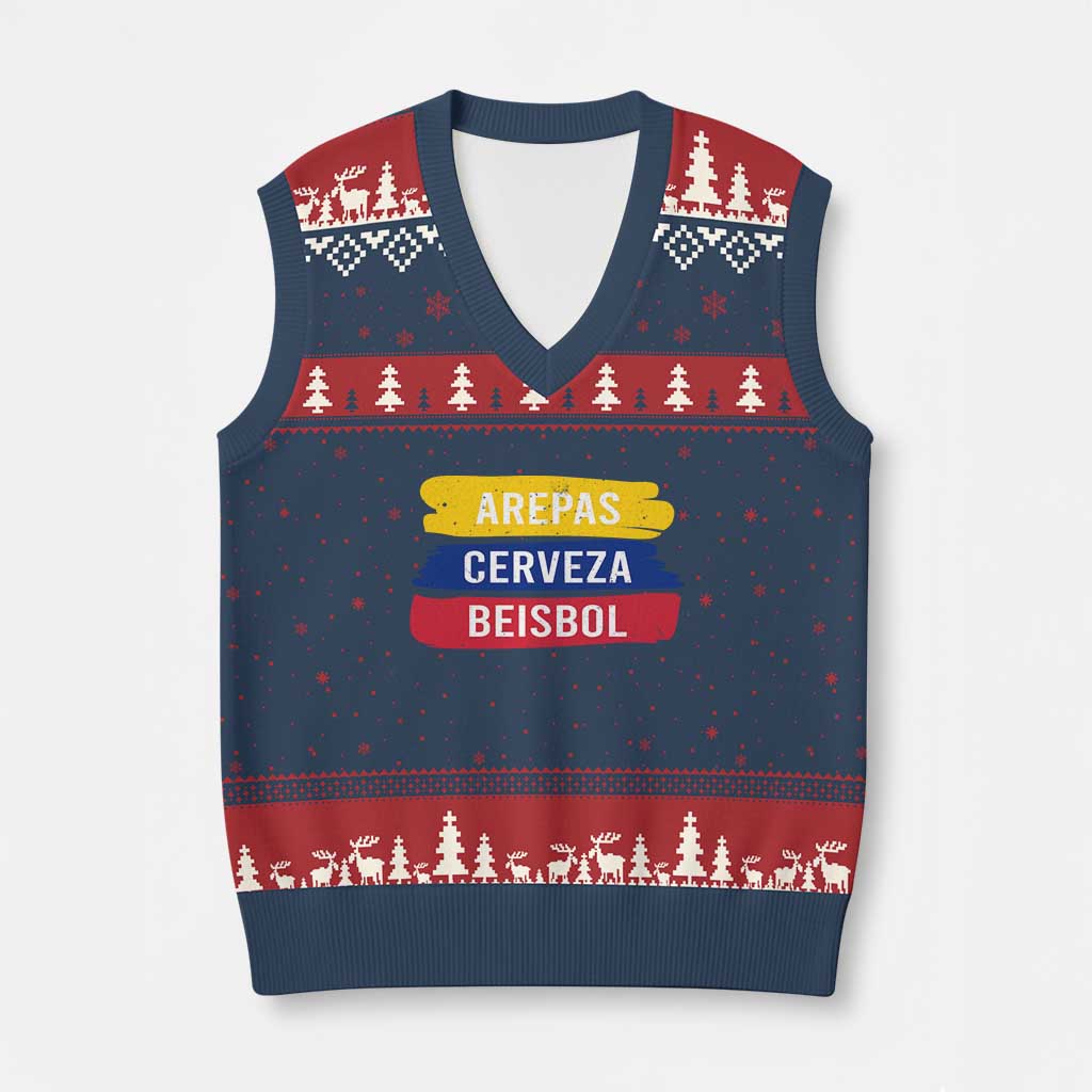 Arepas Cerveza Beisbol Venezuela Things V-Neck Knit Sweater Vest Funny Latino Food Beer and Baseball Pride