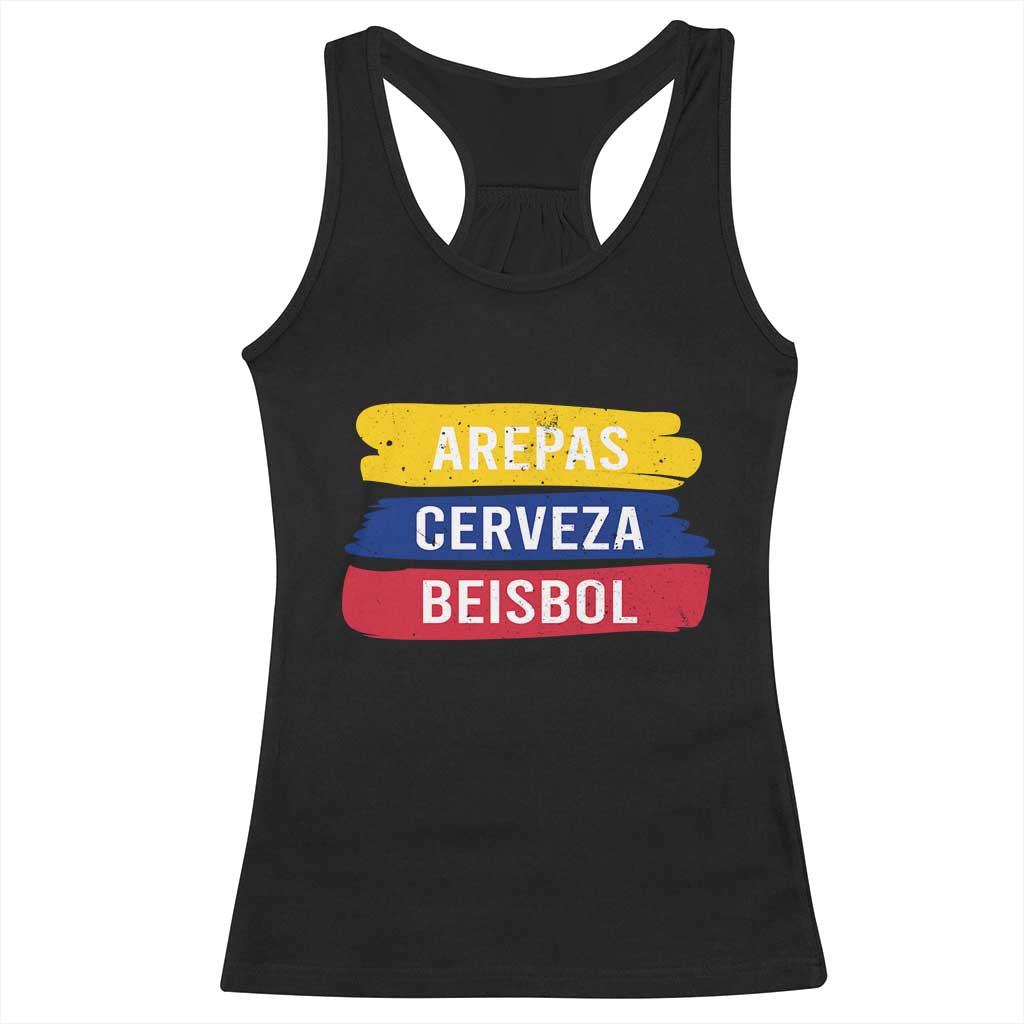 Arepas Cerveza Beisbol Venezuela Things Racerback Tank Top Funny Latino Food Beer and Baseball Pride