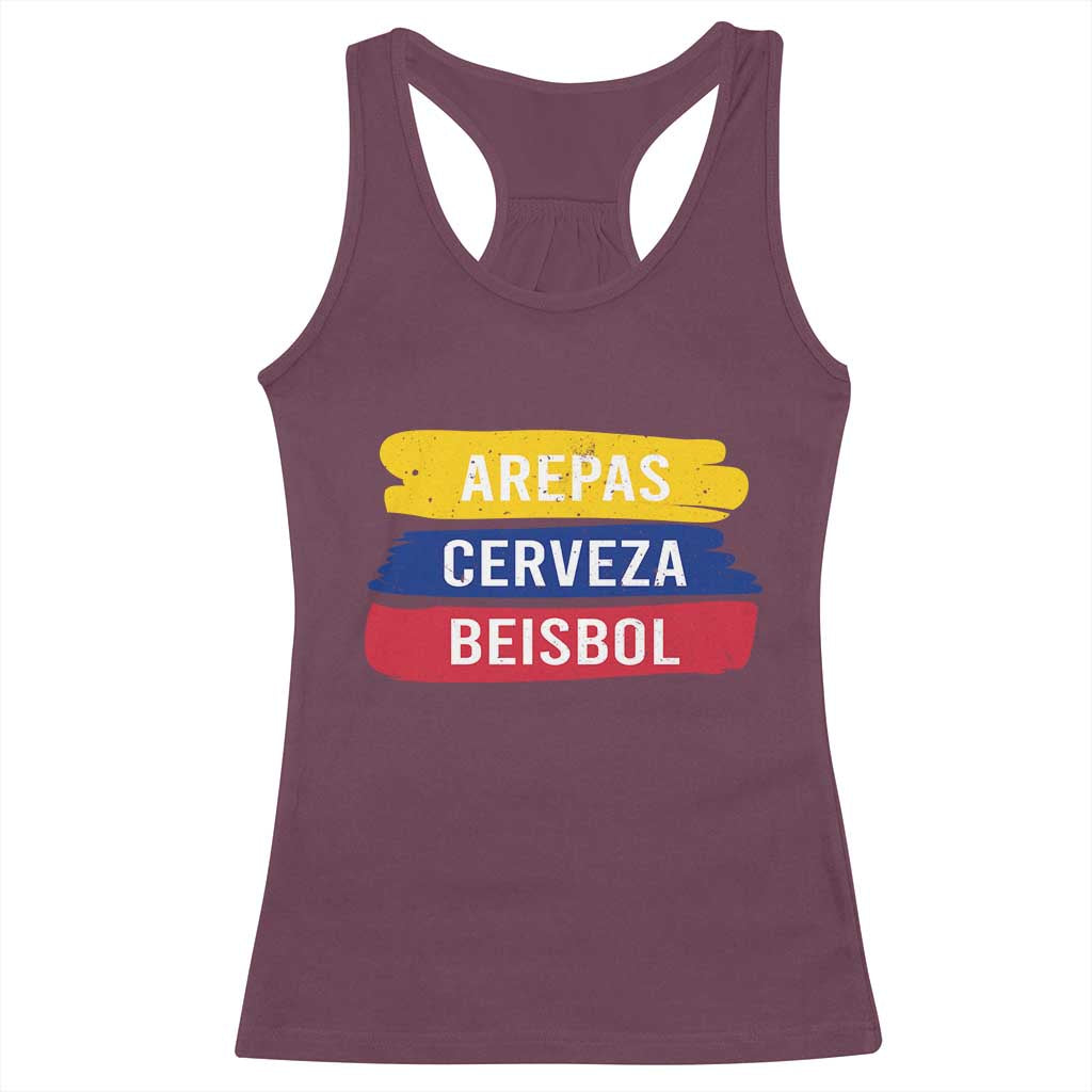 Arepas Cerveza Beisbol Venezuela Things Racerback Tank Top Funny Latino Food Beer and Baseball Pride