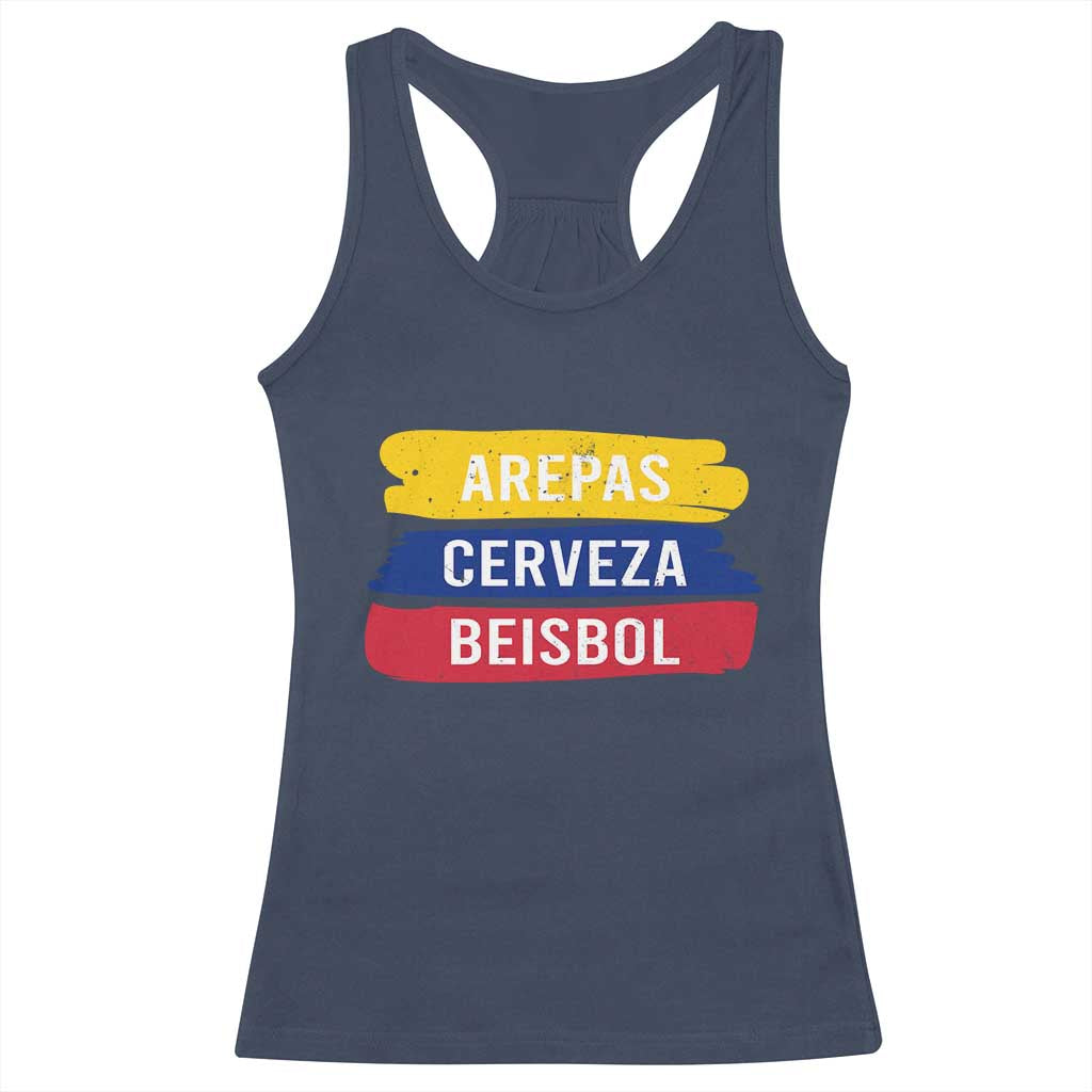 Arepas Cerveza Beisbol Venezuela Things Racerback Tank Top Funny Latino Food Beer and Baseball Pride