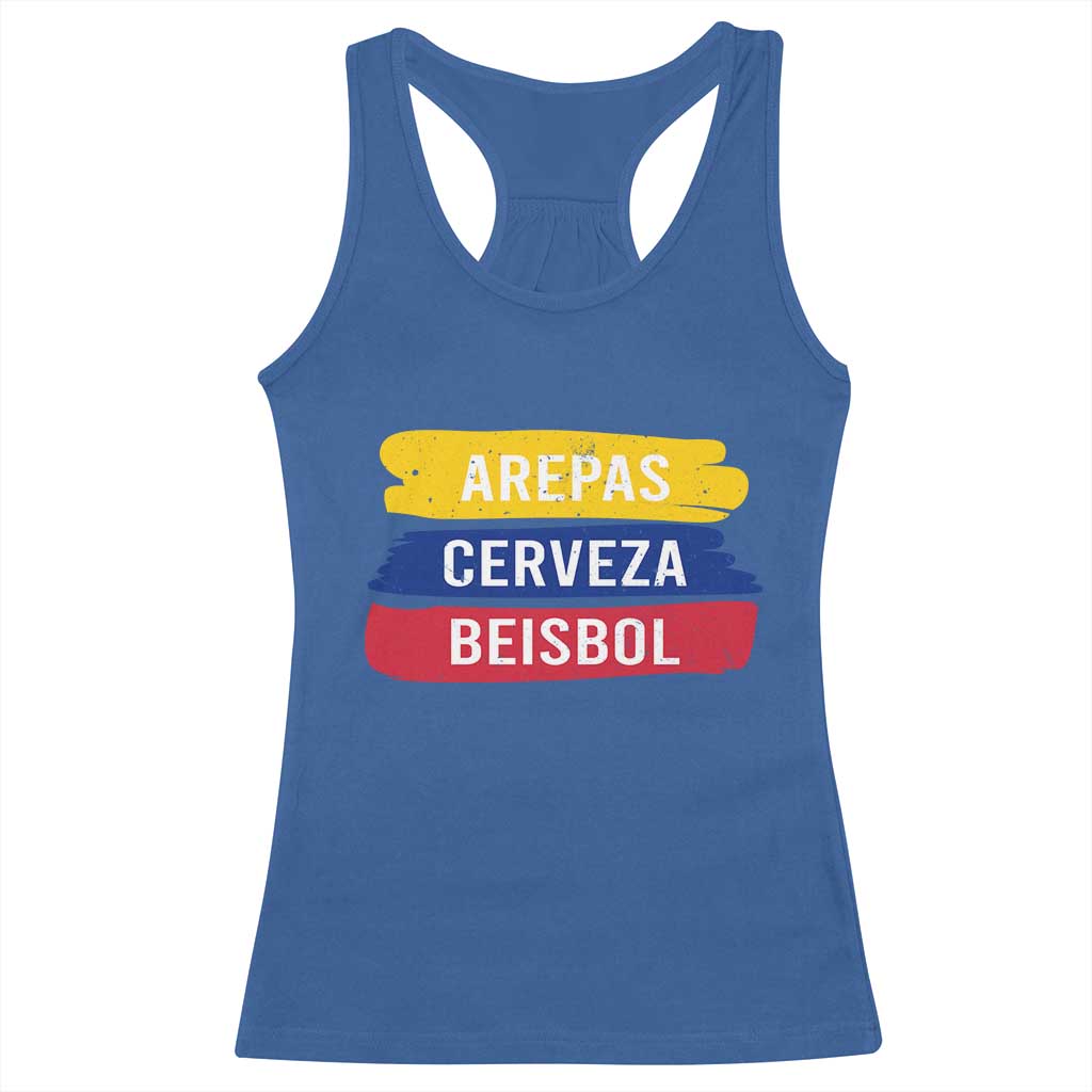 Arepas Cerveza Beisbol Venezuela Things Racerback Tank Top Funny Latino Food Beer and Baseball Pride