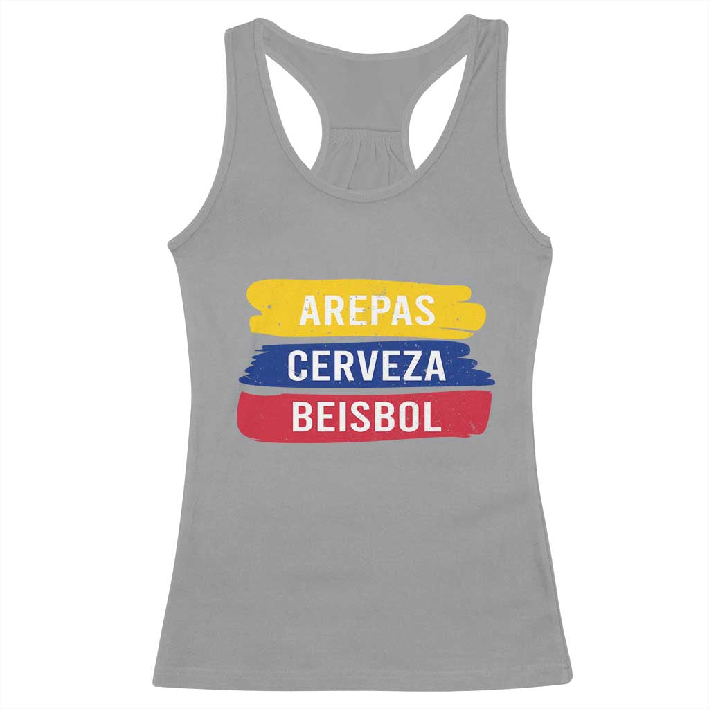 Arepas Cerveza Beisbol Venezuela Things Racerback Tank Top Funny Latino Food Beer and Baseball Pride