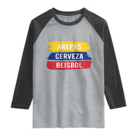 Arepas Cerveza Beisbol Venezuela Things Raglan Shirt Funny Latino Food Beer and Baseball Pride