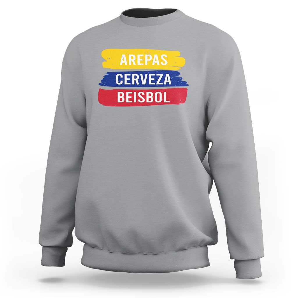 Arepas Cerveza Beisbol Venezuela Things Sweatshirt Funny Latino Food Beer and Baseball Pride