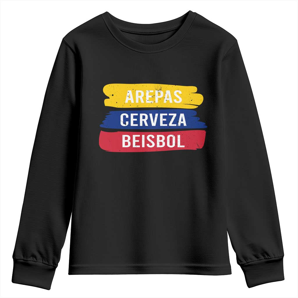 Arepas Cerveza Beisbol Venezuela Things Youth Sweatshirt Funny Latino Food Beer and Baseball Pride