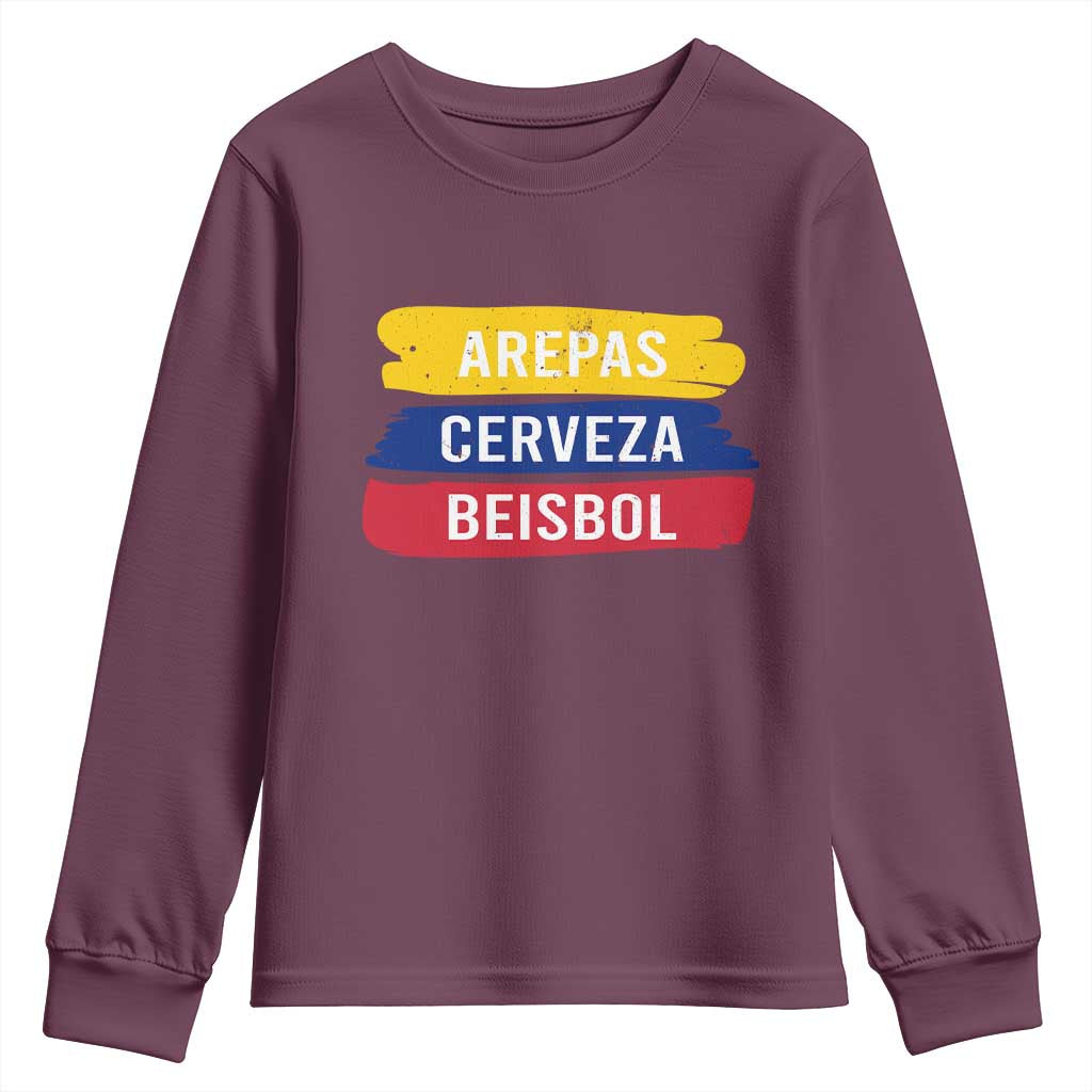 Arepas Cerveza Beisbol Venezuela Things Youth Sweatshirt Funny Latino Food Beer and Baseball Pride