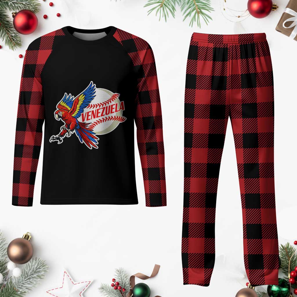 Venezuela Baseball Flying Scarlet Macaw and Ball Plaid Pajama Set Ara Macao Guacamaya Venezuelan Pride