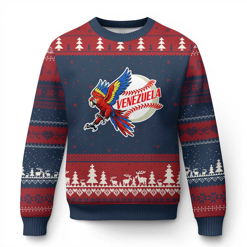 Venezuela Baseball Flying Scarlet Macaw and Ball Ugly Christmas Sweater Ara Macao Guacamaya Venezuelan Pride