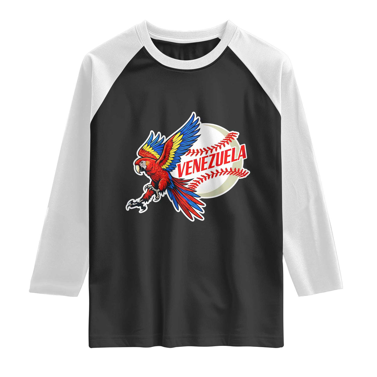 Venezuela Baseball Flying Scarlet Macaw and Ball Raglan Shirt Ara Macao Guacamaya Venezuelan Pride