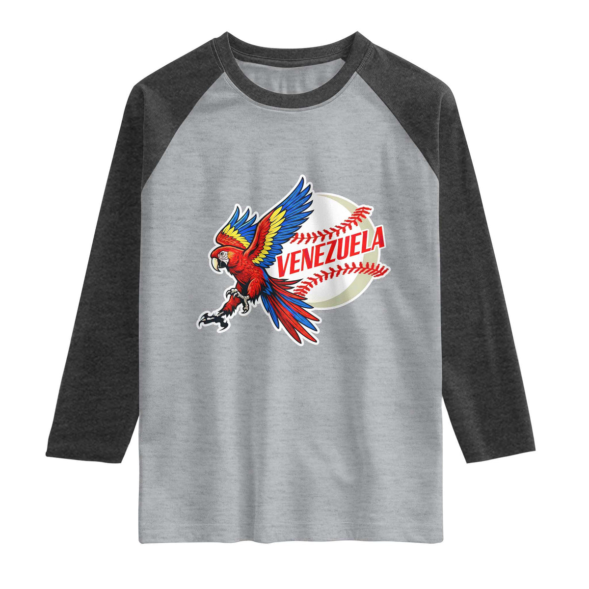 Venezuela Baseball Flying Scarlet Macaw and Ball Raglan Shirt Ara Macao Guacamaya Venezuelan Pride