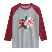 Venezuela Baseball Flying Scarlet Macaw and Ball Raglan Shirt Ara Macao Guacamaya Venezuelan Pride