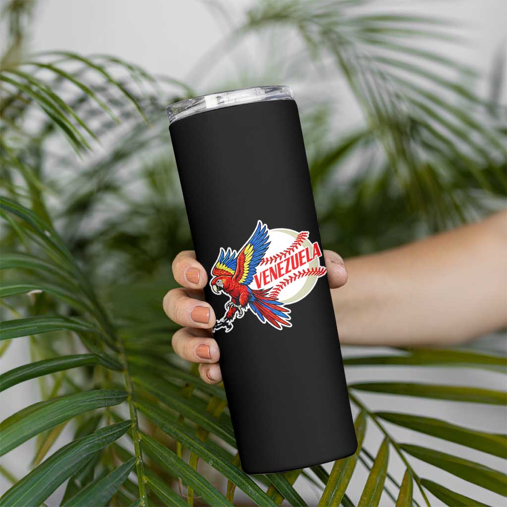 Venezuela Baseball Flying Scarlet Macaw and Ball Skinny Tumbler Ara Macao Guacamaya Venezuelan Pride