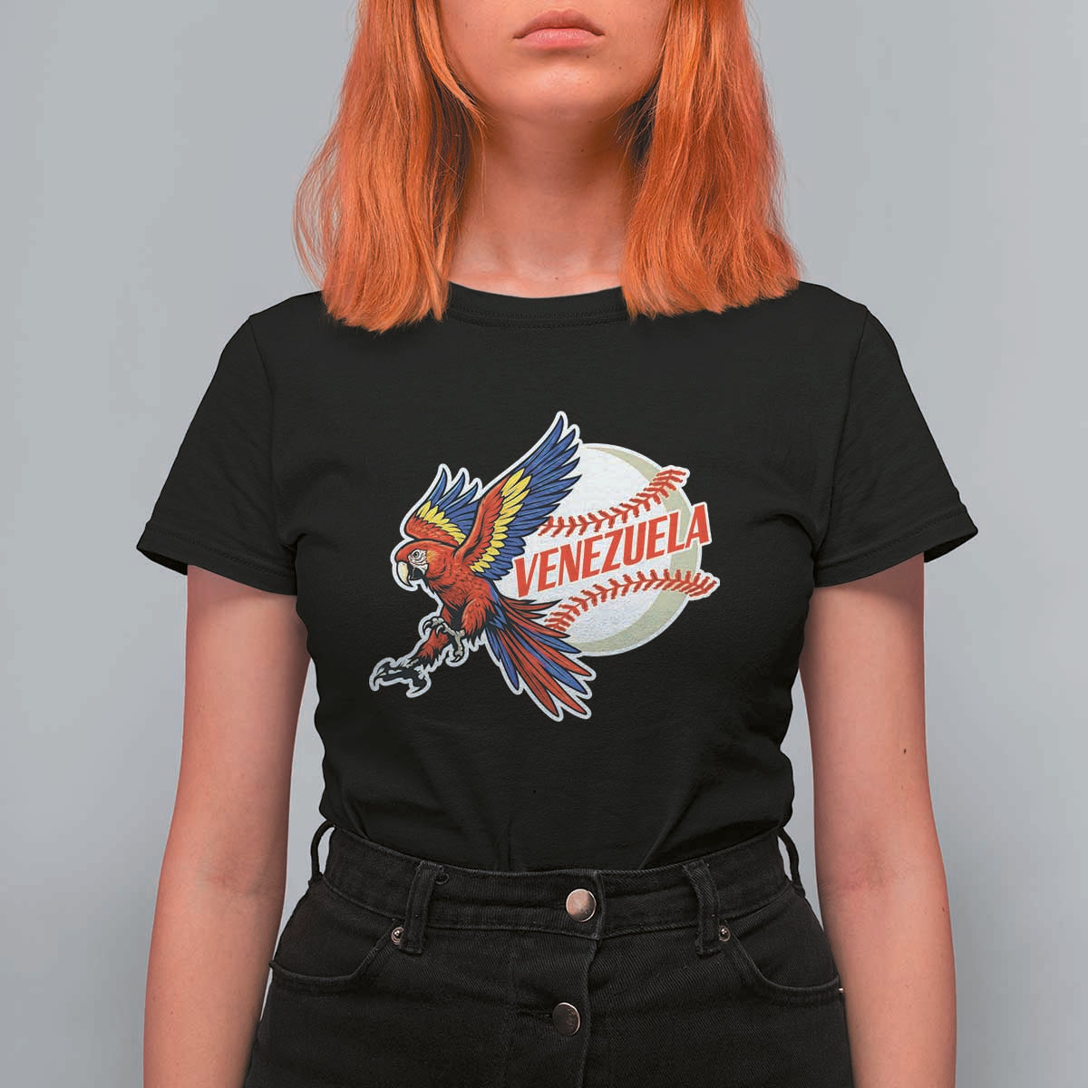 Venezuela Baseball Flying Scarlet Macaw and Ball T Shirt For Women Ara Macao Guacamaya Venezuelan Pride