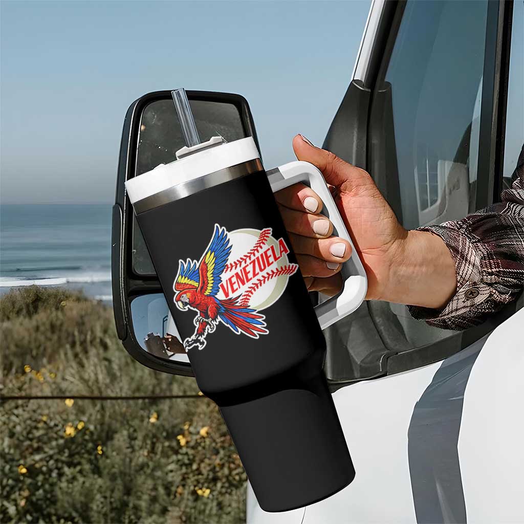 Venezuela Baseball Flying Scarlet Macaw and Ball Tumbler With Handle Ara Macao Guacamaya Venezuelan Pride