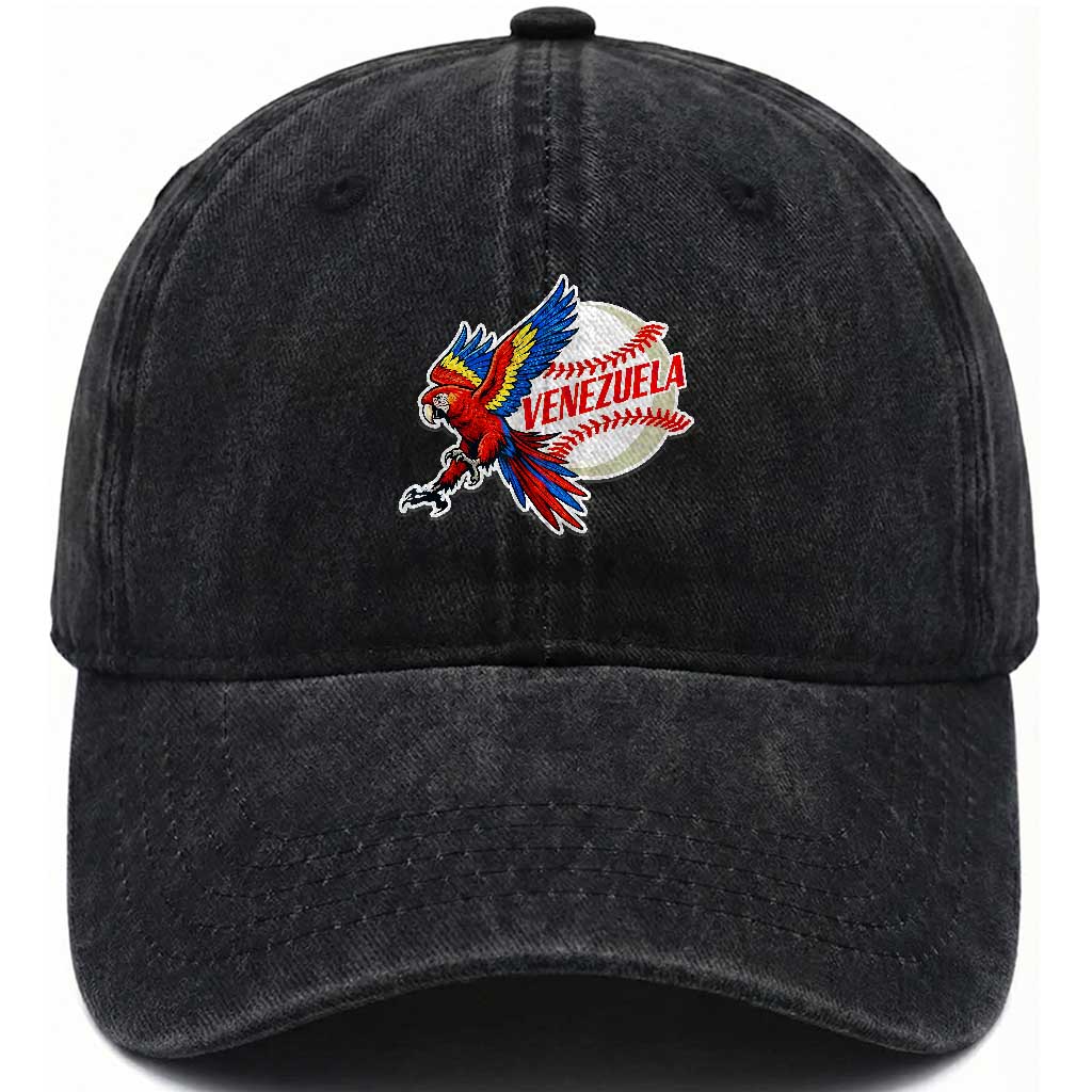 Venezuela Baseball Flying Scarlet Macaw and Ball Washed Cotton Baseball Cap Ara Macao Guacamaya Venezuelan Pride