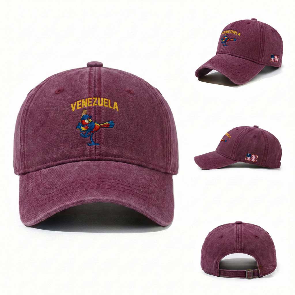 Venezuela Baseball Macaw Batter Washed Cotton Baseball Cap Ara Macao Guacamaya Venezuelan Pride