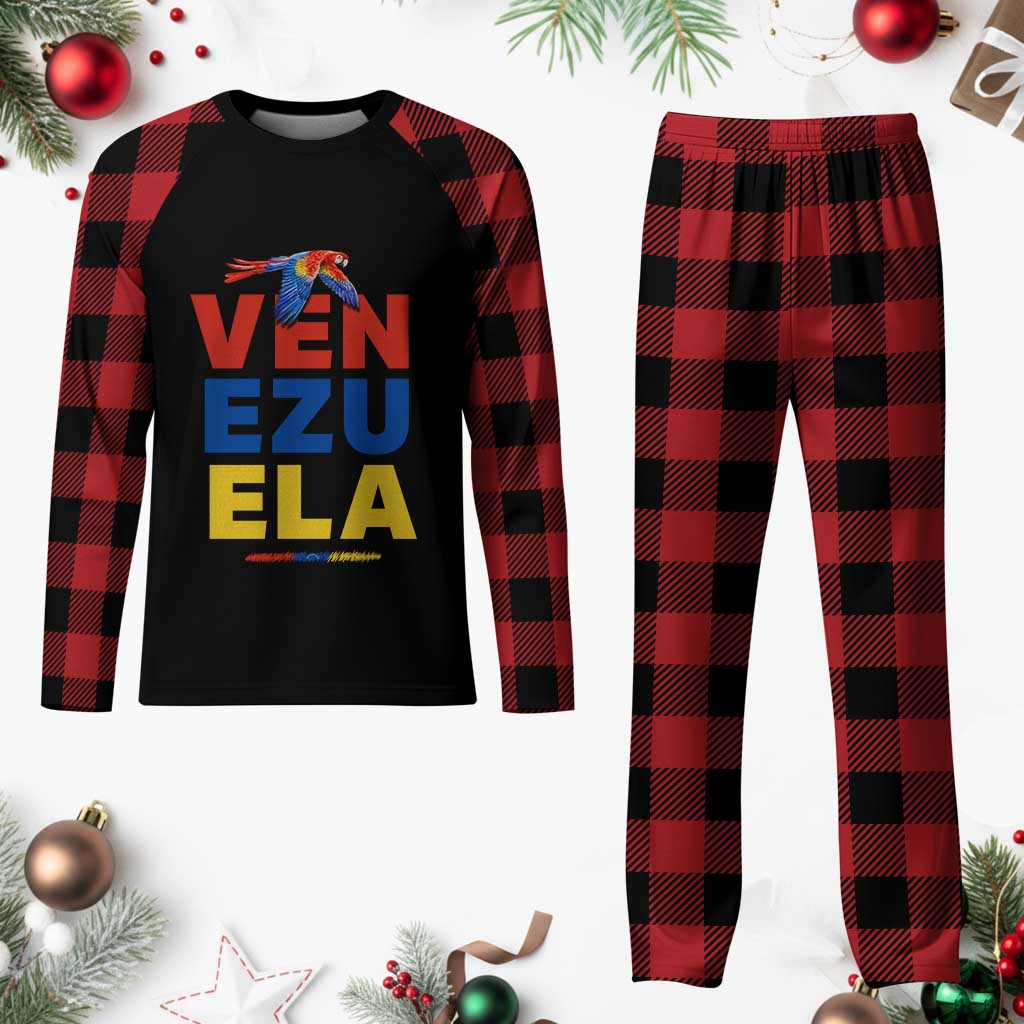 Venezuela Pride Flying Scarlet Macaw Plaid Pajama Set Ara Macao Guacamaya Venezuelan Pride Tropical Bird