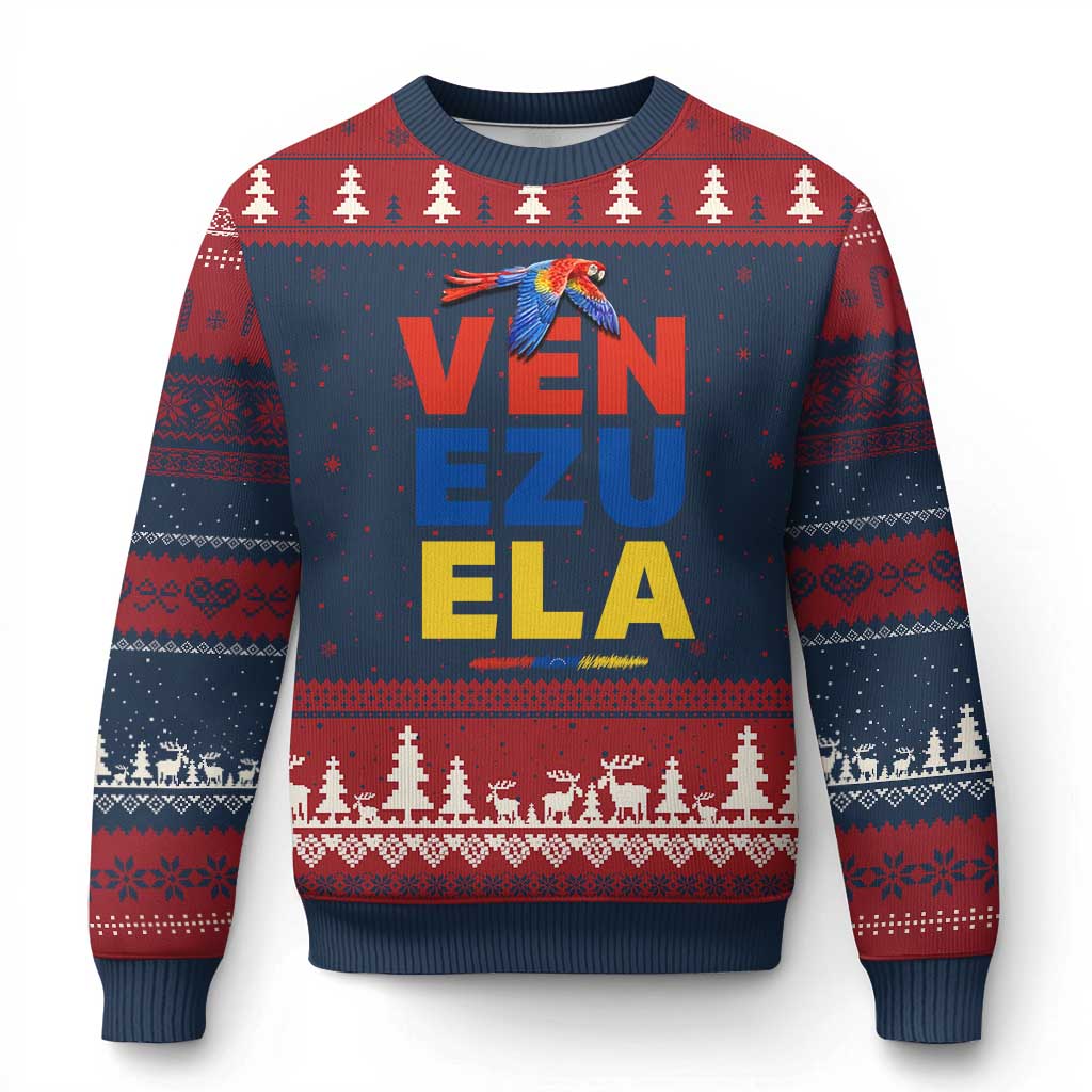 Venezuela Pride Flying Scarlet Macaw Ugly Christmas Sweater Ara Macao Guacamaya Venezuelan Pride Tropical Bird