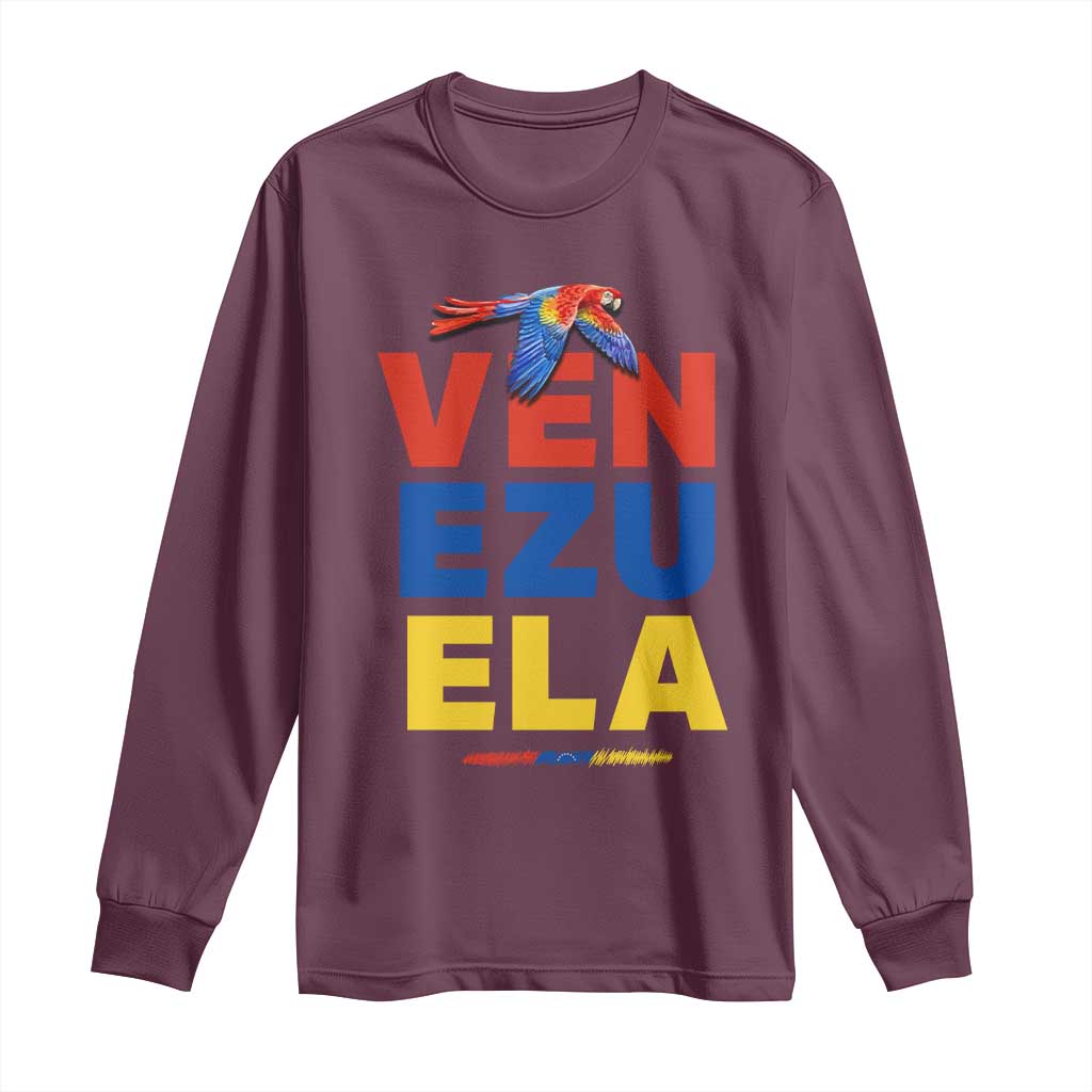 Venezuela Pride Flying Scarlet Macaw Long Sleeve Shirt Ara Macao Guacamaya Venezuelan Pride Tropical Bird