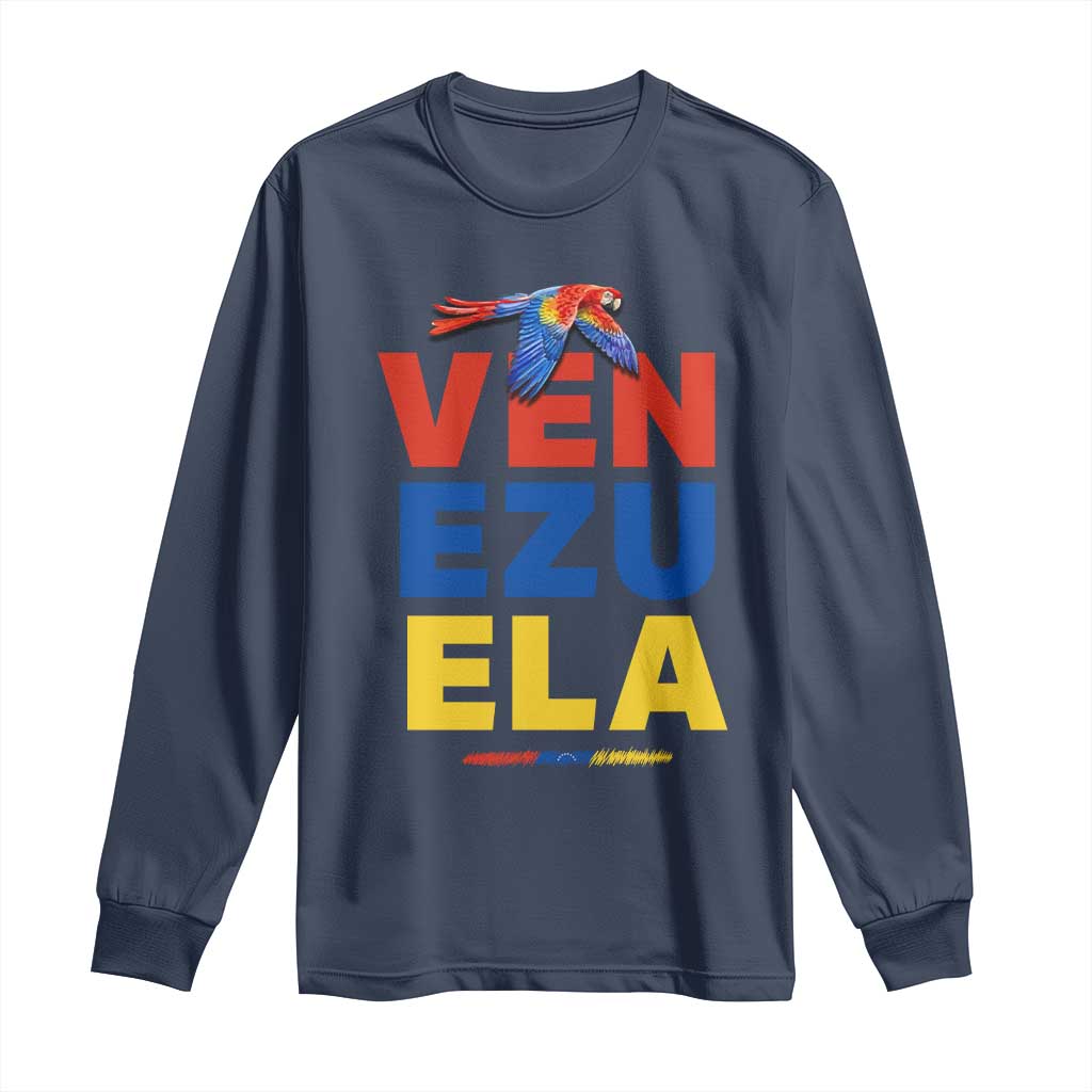 Venezuela Pride Flying Scarlet Macaw Long Sleeve Shirt Ara Macao Guacamaya Venezuelan Pride Tropical Bird