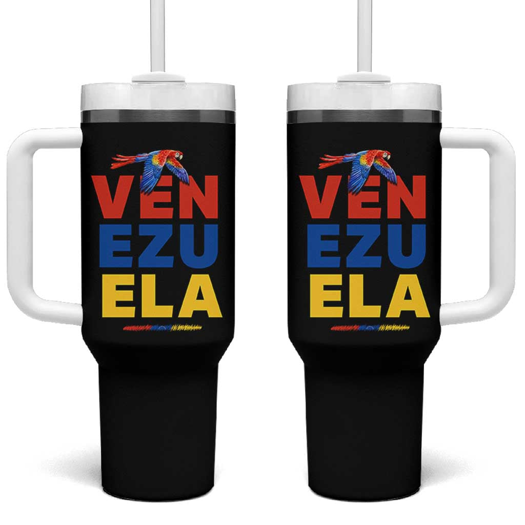 Venezuela Pride Flying Scarlet Macaw Tumbler With Handle Ara Macao Guacamaya Venezuelan Pride Tropical Bird