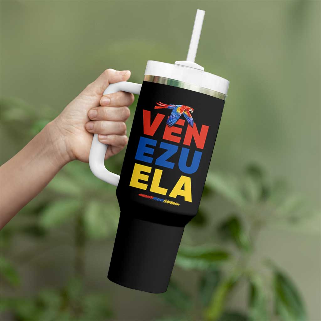 Venezuela Pride Flying Scarlet Macaw Tumbler With Handle Ara Macao Guacamaya Venezuelan Pride Tropical Bird