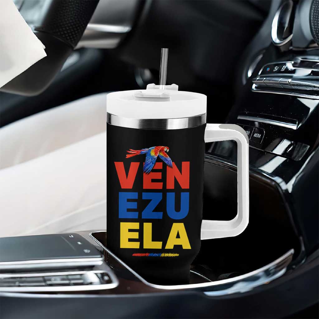 Venezuela Pride Flying Scarlet Macaw Tumbler With Handle Ara Macao Guacamaya Venezuelan Pride Tropical Bird