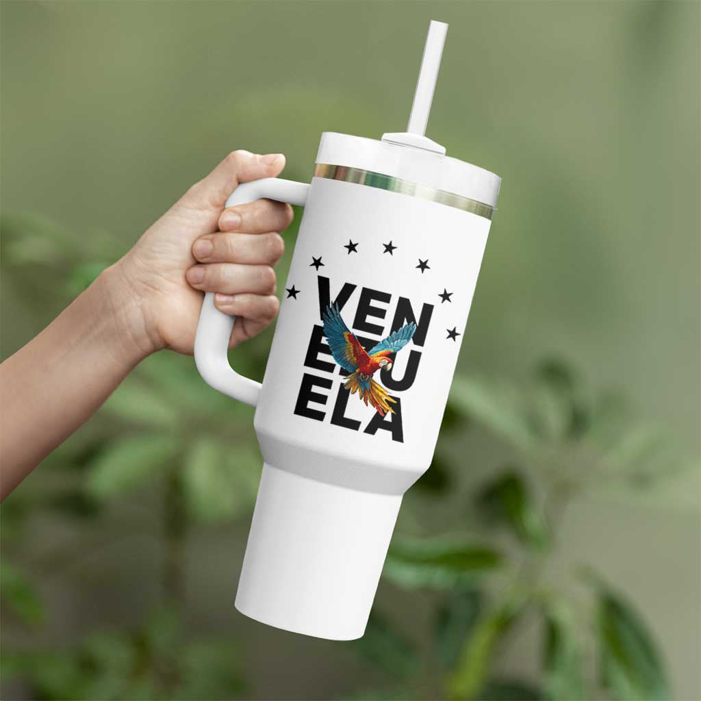 Venezuela Pride Flying Macaw Tumbler With Handle Ara Macao Guacamaya Venezuelan Pride Tropical Bird