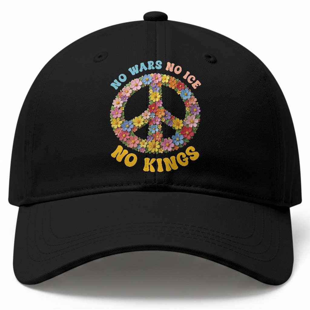 No Wars No Ice No Kings Retro Flower Baseball Cap Hippie Floral Peace Sign Social Justice Anti War Protest