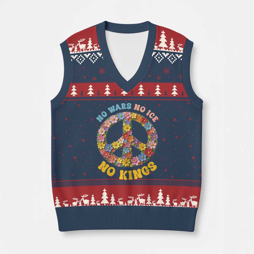 No Wars No Ice No Kings Retro Flower V-Neck Knit Sweater Vest Hippie Floral Peace Sign Social Justice Anti War Protest