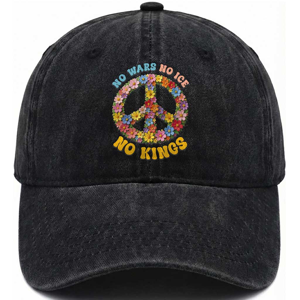 No Wars No Ice No Kings Retro Flower Washed Cotton Baseball Cap Hippie Floral Peace Sign Social Justice Anti War Protest