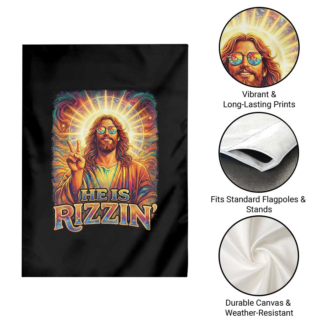 Funny Christian Easter He Is Rizzin Garden Flag Trendy Jesus Humor with Sunglasses Faith Based Meme Gift